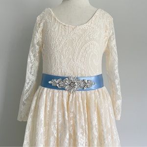 Flower Girl Ankle Length Cream Lace Dress with Blue Sash & Fur Coat- Size 8-9